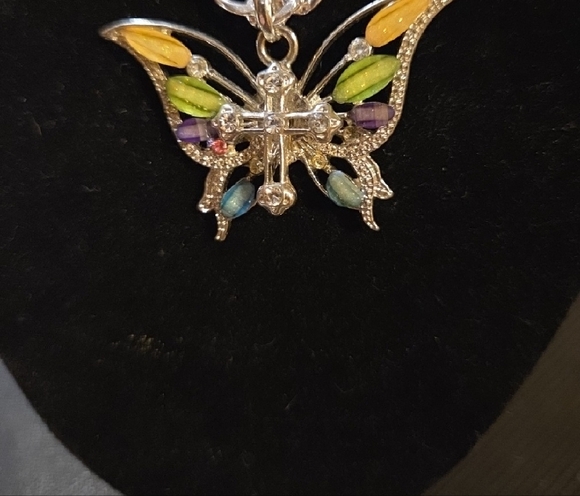 Butterfly Cross Multi-Colored Crystals Silver-tone Pendant Necklace - Picture 2 of 5